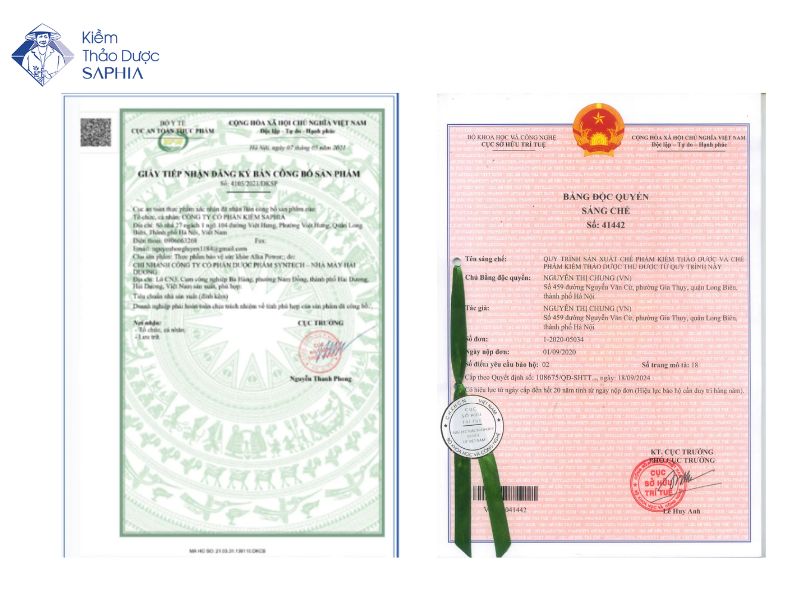 Giấy công bố sản phẩm và bằng sáng chế độc quyền của Kiềm Saphia